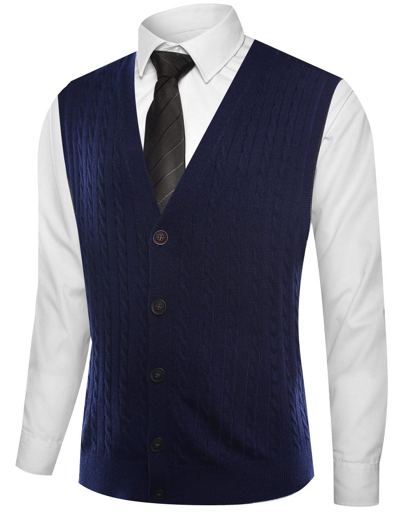 Kallspin Men's Cable Knit Sweater Vest Wool Blend V Neck Button Down Sleeveless Cardigan Vest(Navy Blue, 2X-Large) - Image 4